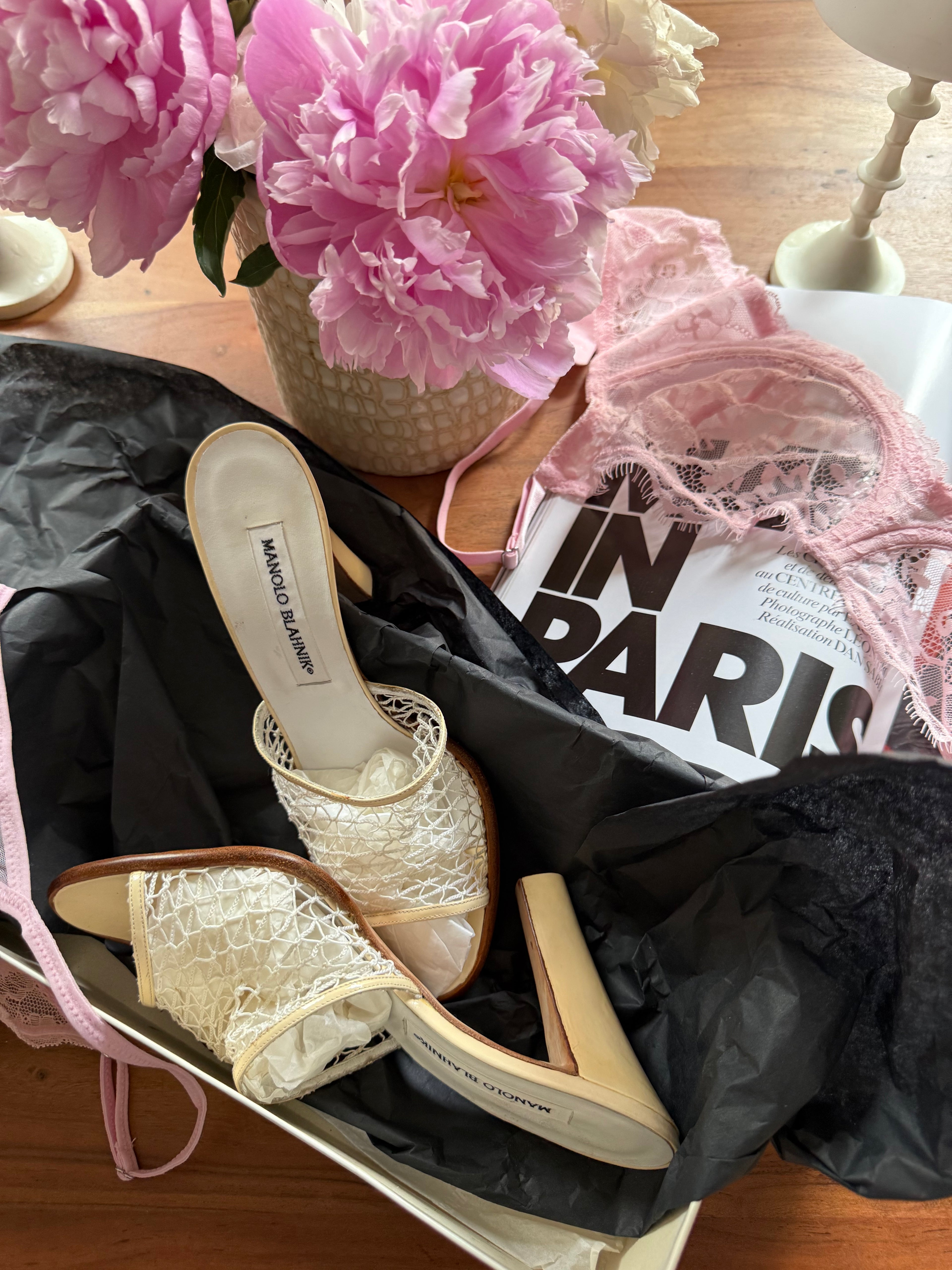 Manolo Blahnik Cream Woven Block Heels