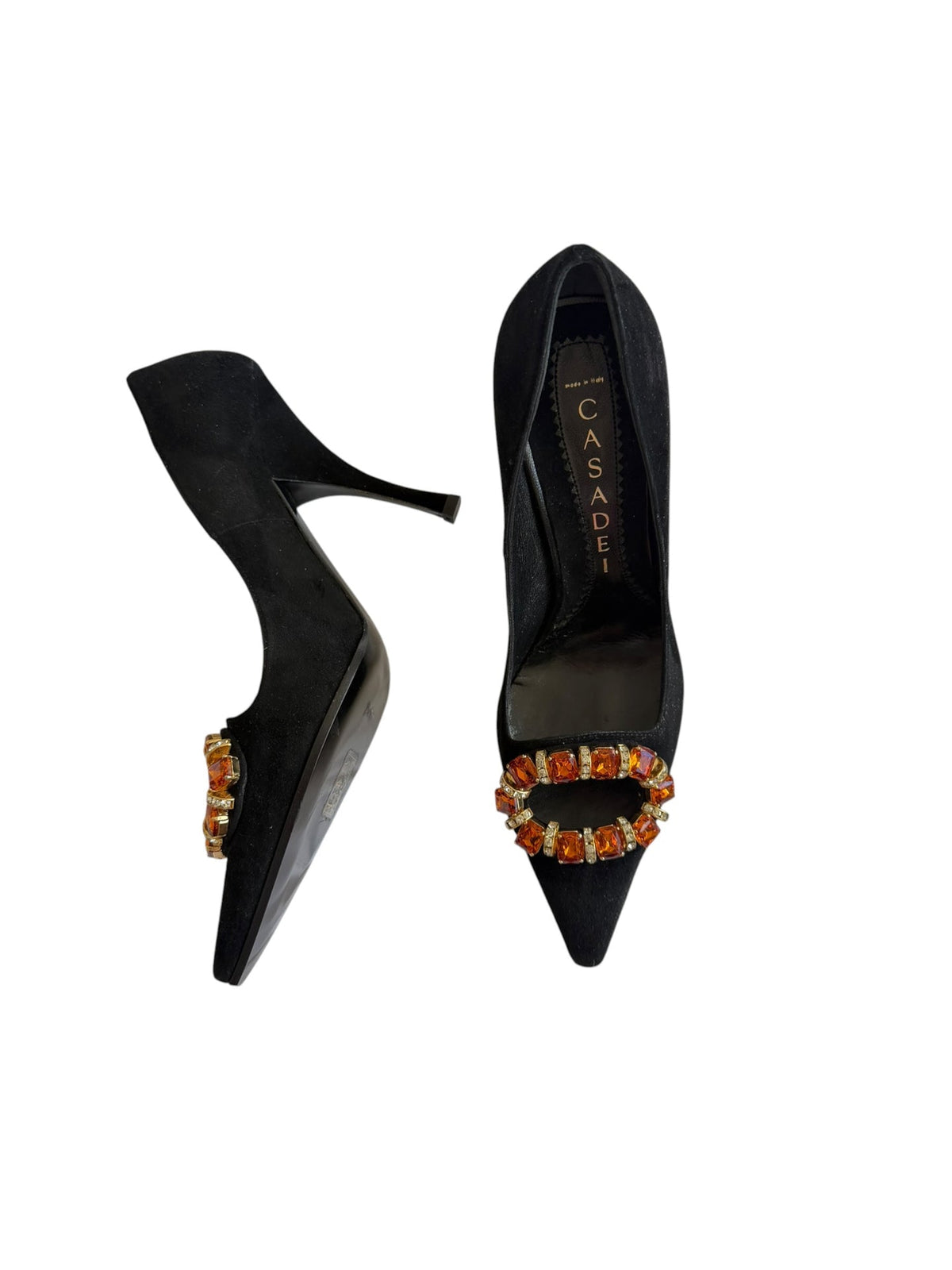 Casadei black suede heels with orange crystal buckle details (5)