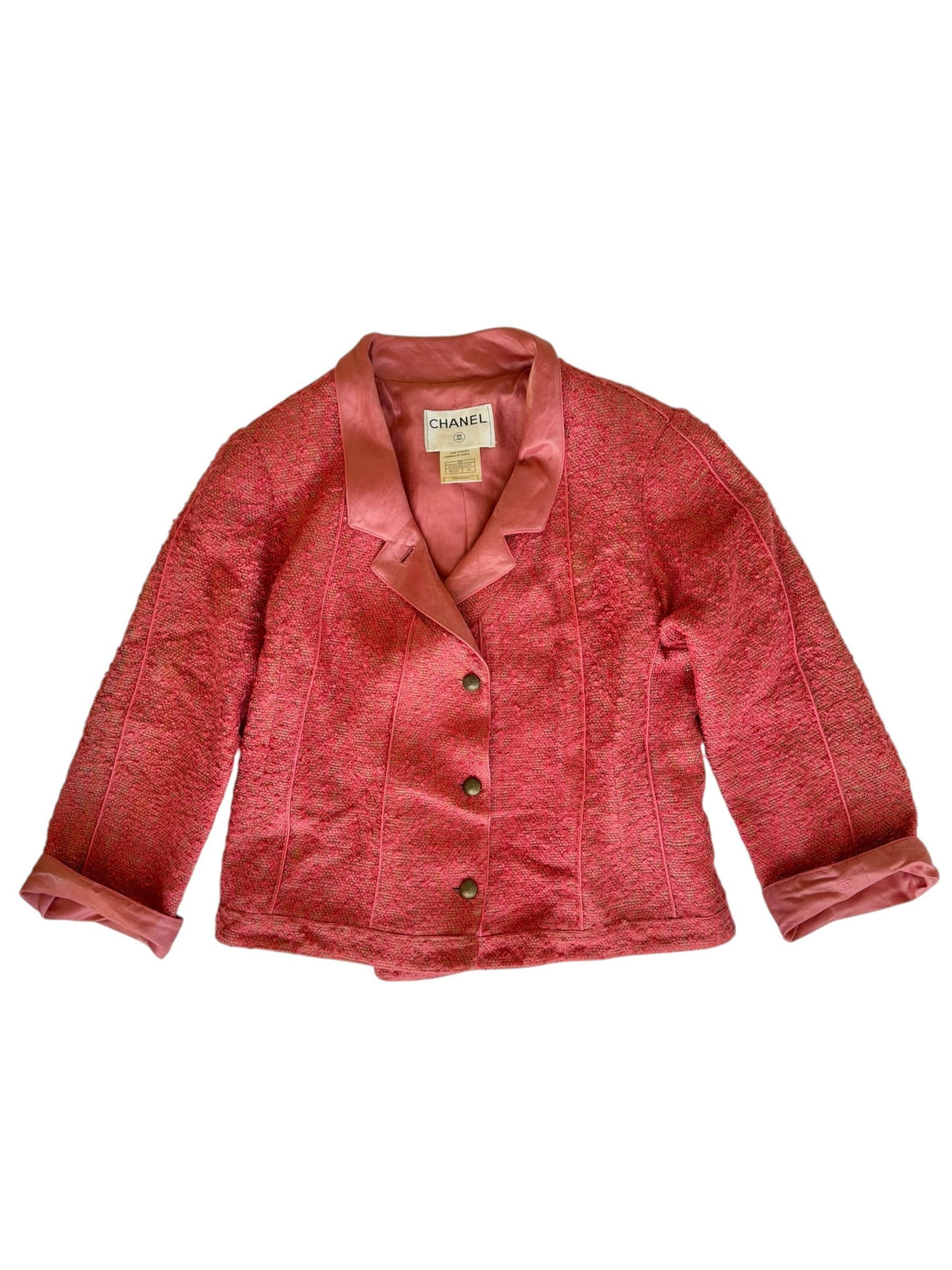 Chanel 1999 pink tweed jacket with iridescent satin neck (40)