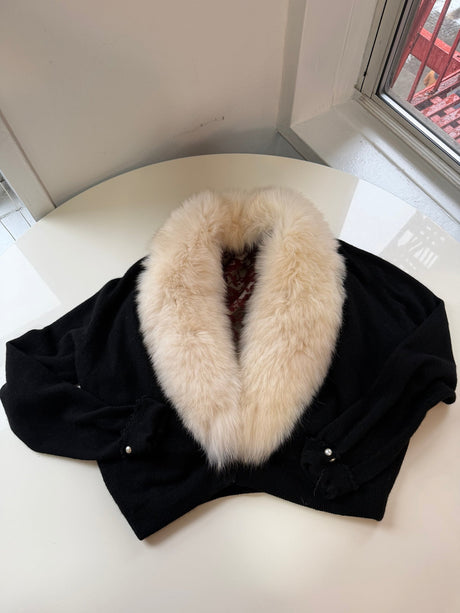 Vintage fox fur black sweater bolero with pearl details on sleeves
