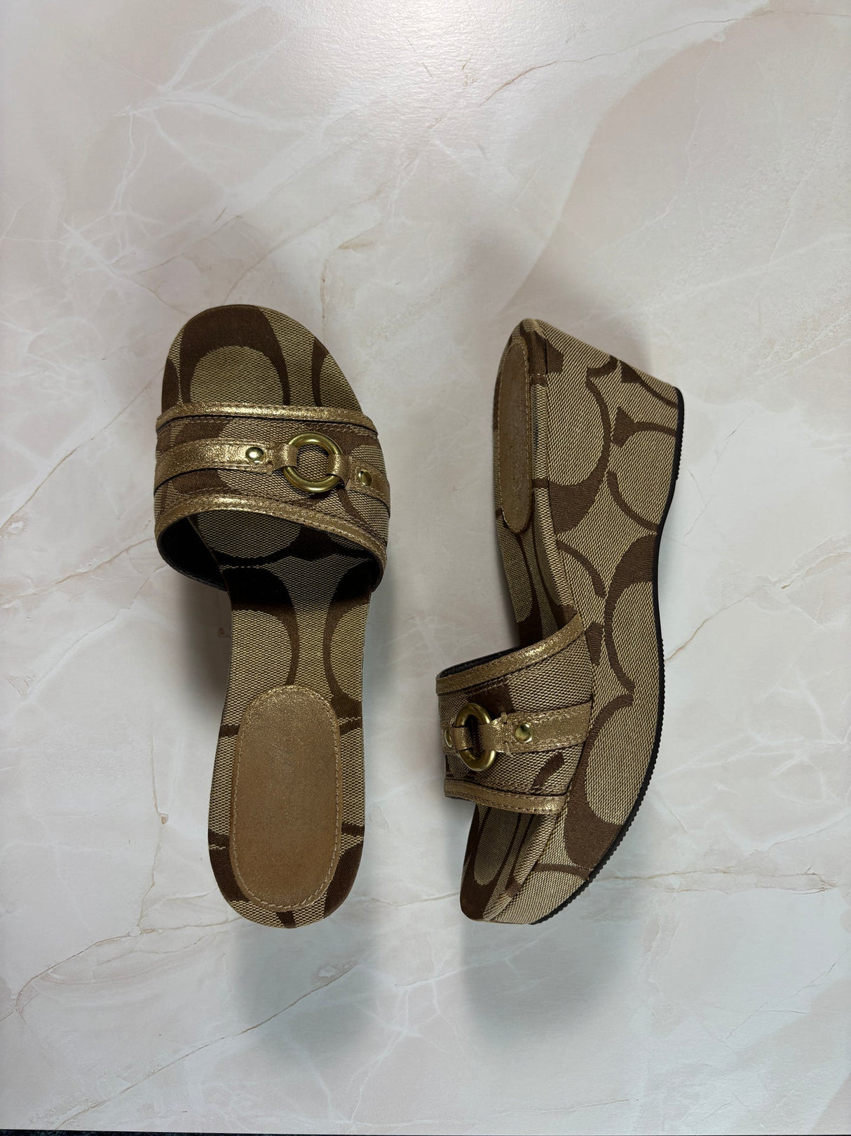 Coach US 7.5 Tan and Brown Monogram Canvas Open-toe Wedge Slide