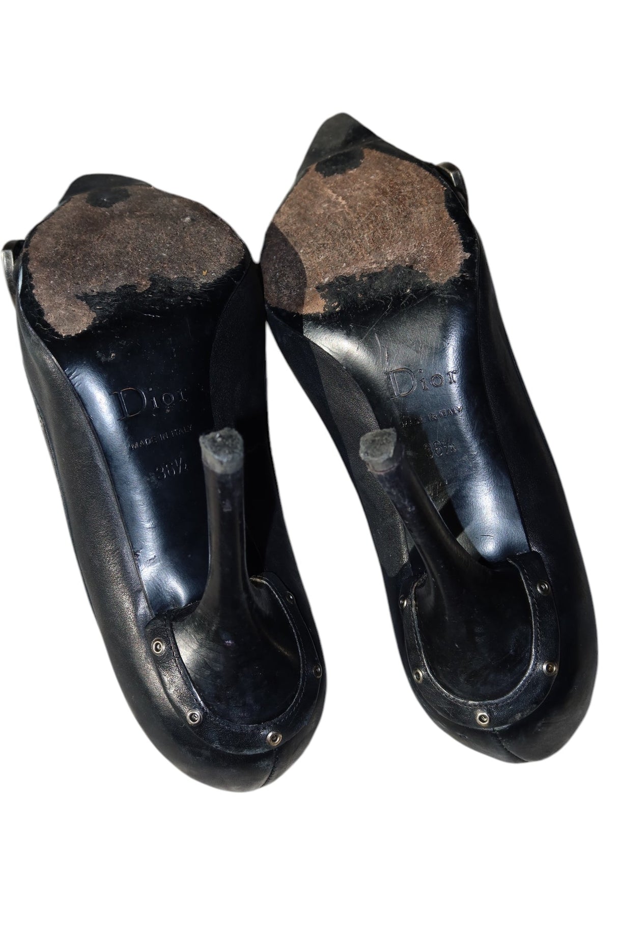 Dior black leather heels with iconic D buckle chain embellishment (36.5)
