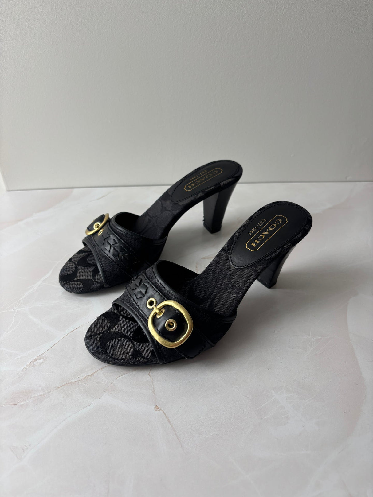 Coach US 6 Black Monogram Canvas Open-toe Block Heel Mule