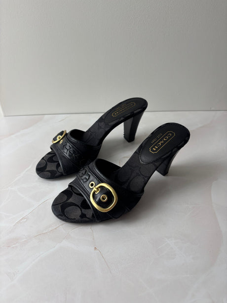 Coach US 6 Black Monogram Canvas Open-toe Block Heel Mule