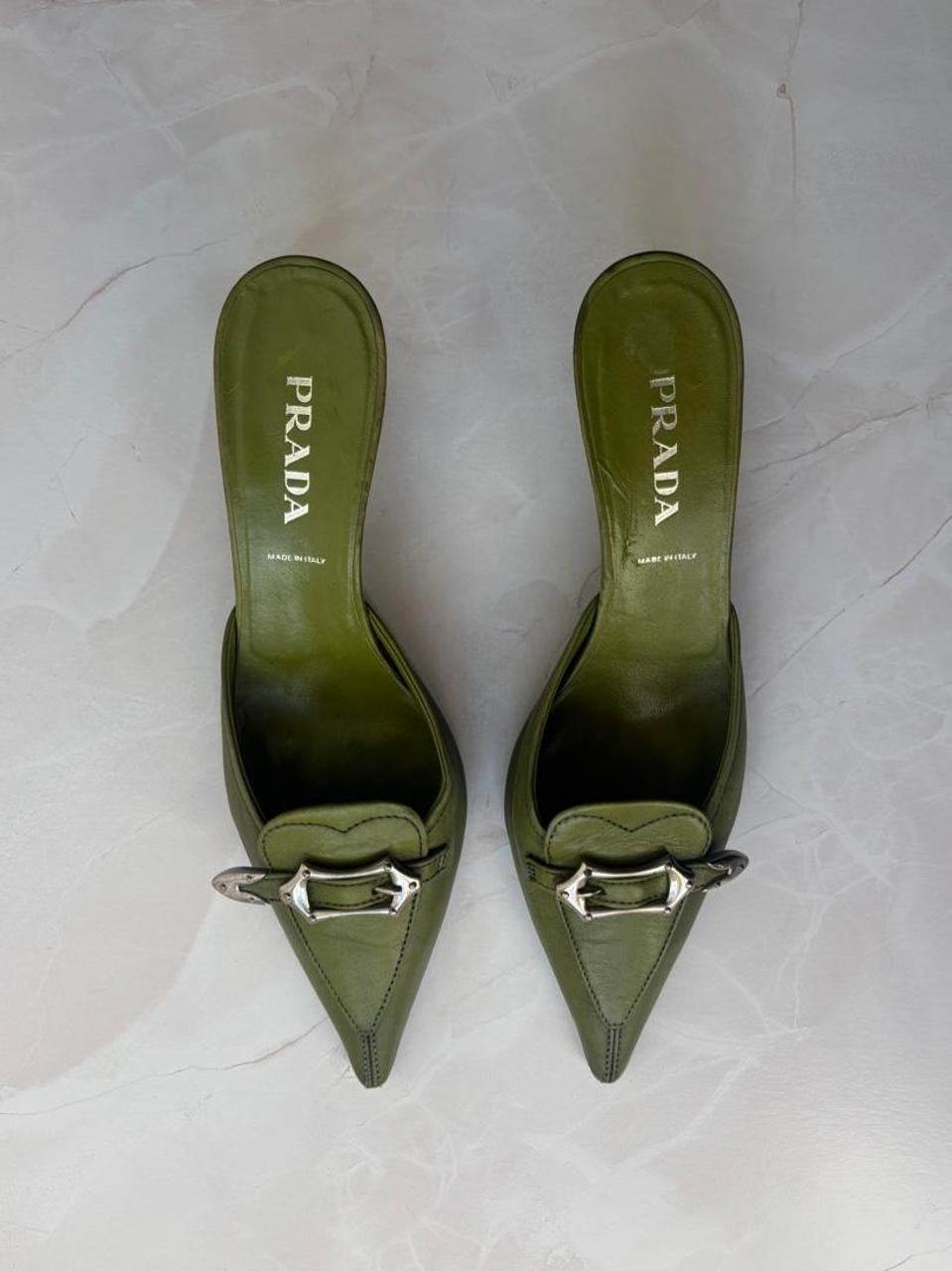 Prada EU 36 Olive Green Leather Pointed-toe Mule