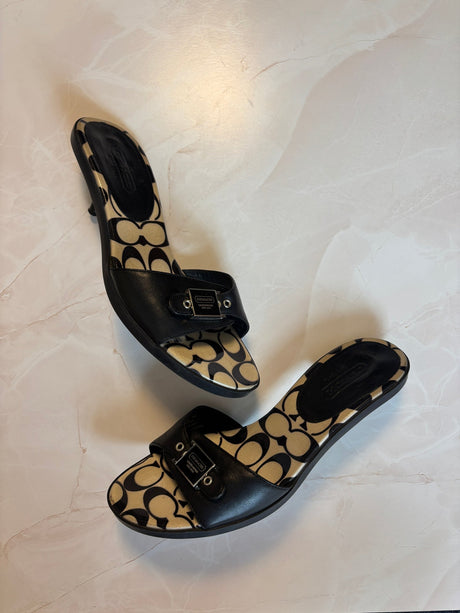 Coach US 9 Black Leather Monogram Canvas Footbed Slide Sandal