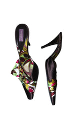Emilio Pucci brown satin heels with multi color scarf and rhinestone buckle (38)