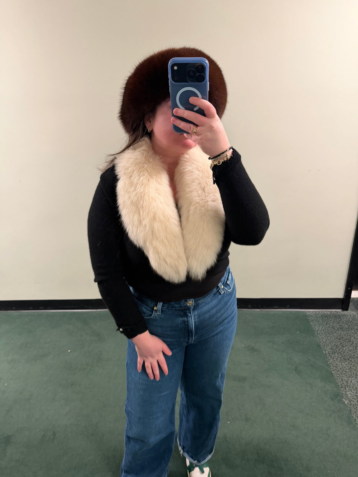 Vintage fox fur black sweater bolero with pearl details on sleeves