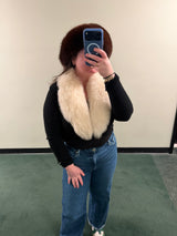 Vintage fox fur black sweater bolero with pearl details on sleeves