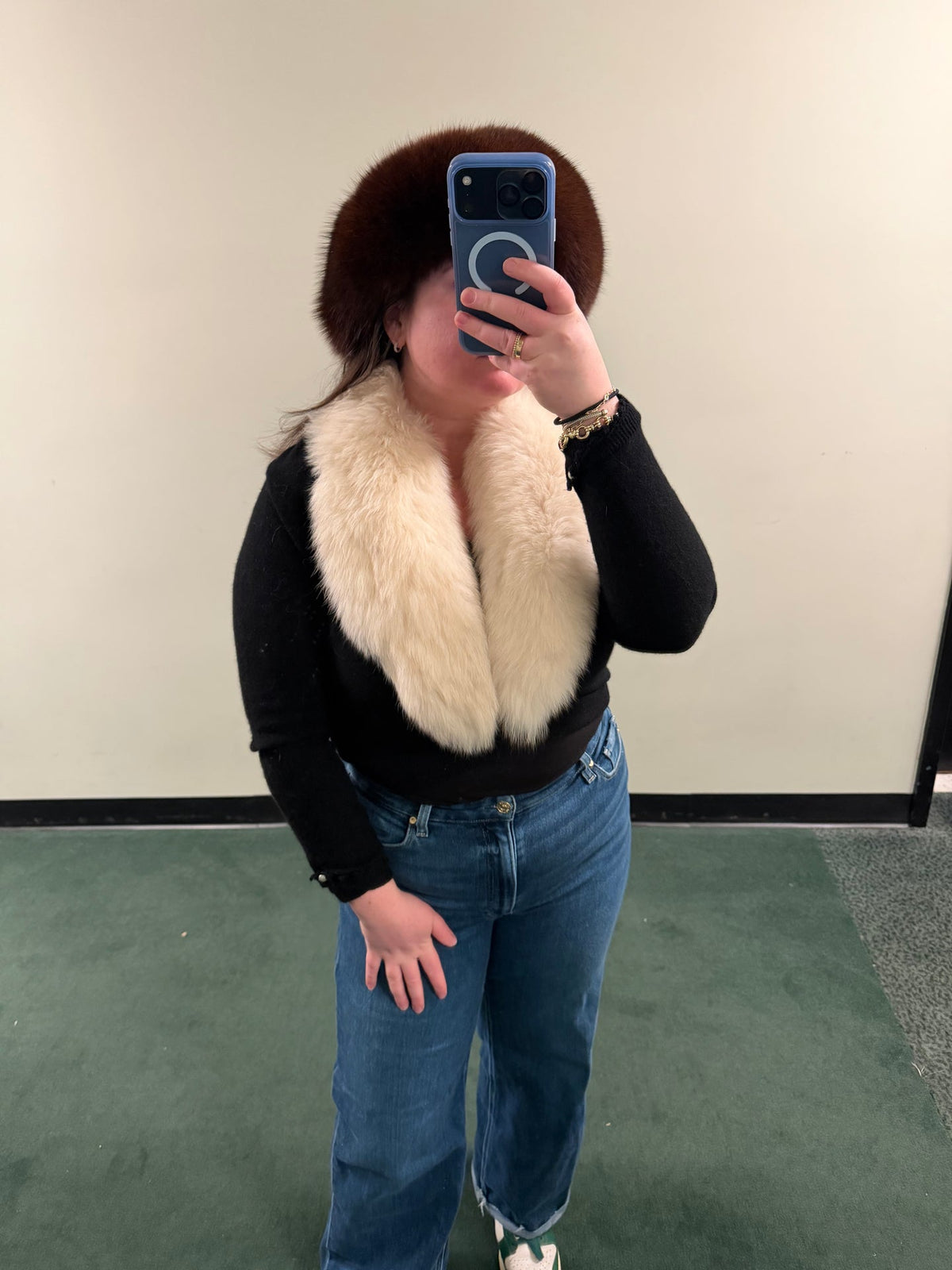 Vintage fox fur black sweater bolero with pearl details on sleeves