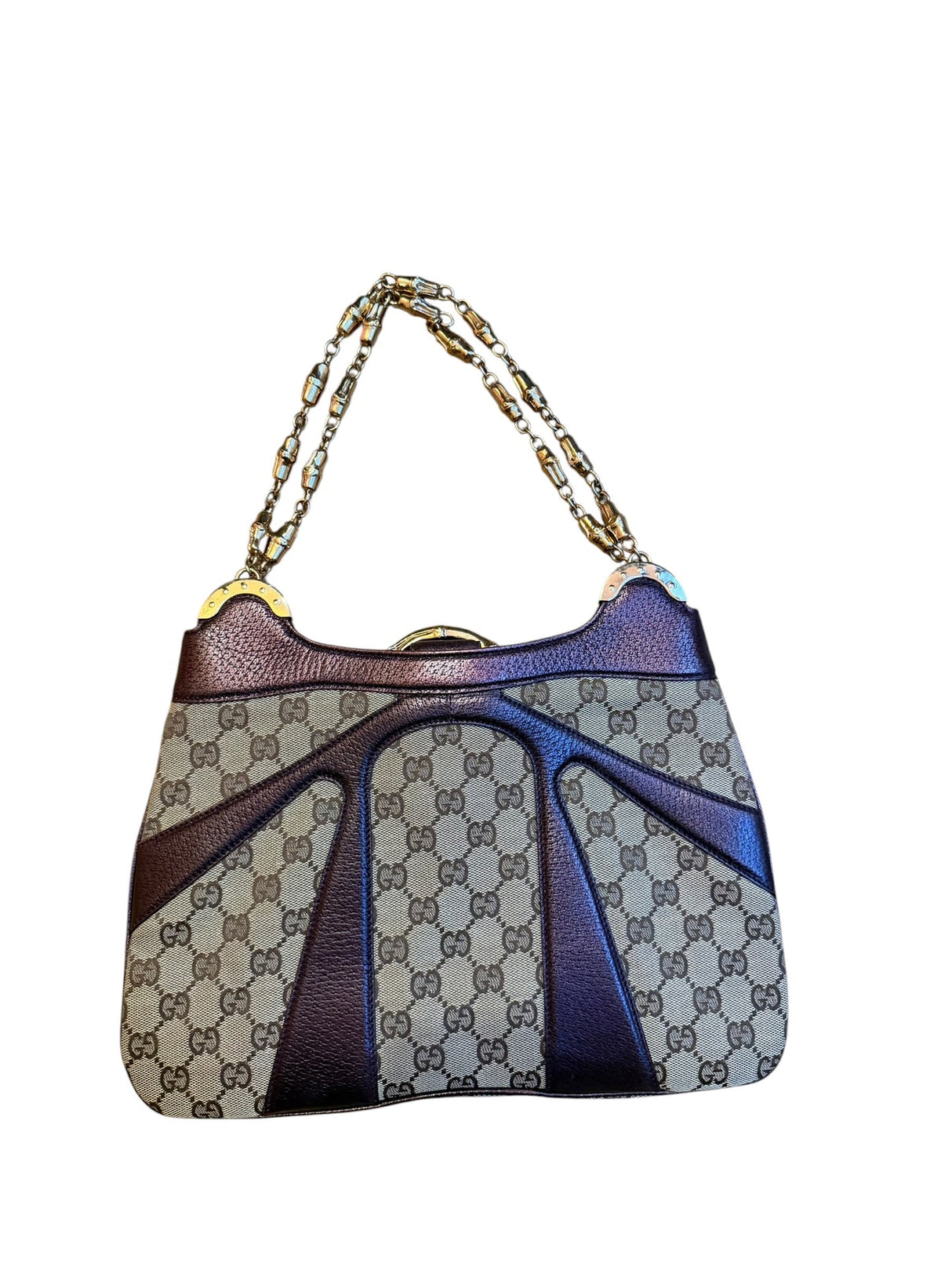 Gucci GG canvas burgundy leather trim bag with bamboo ring detail