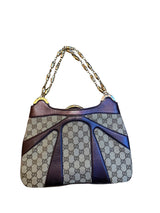 Gucci GG canvas burgundy leather trim bag with bamboo ring detail
