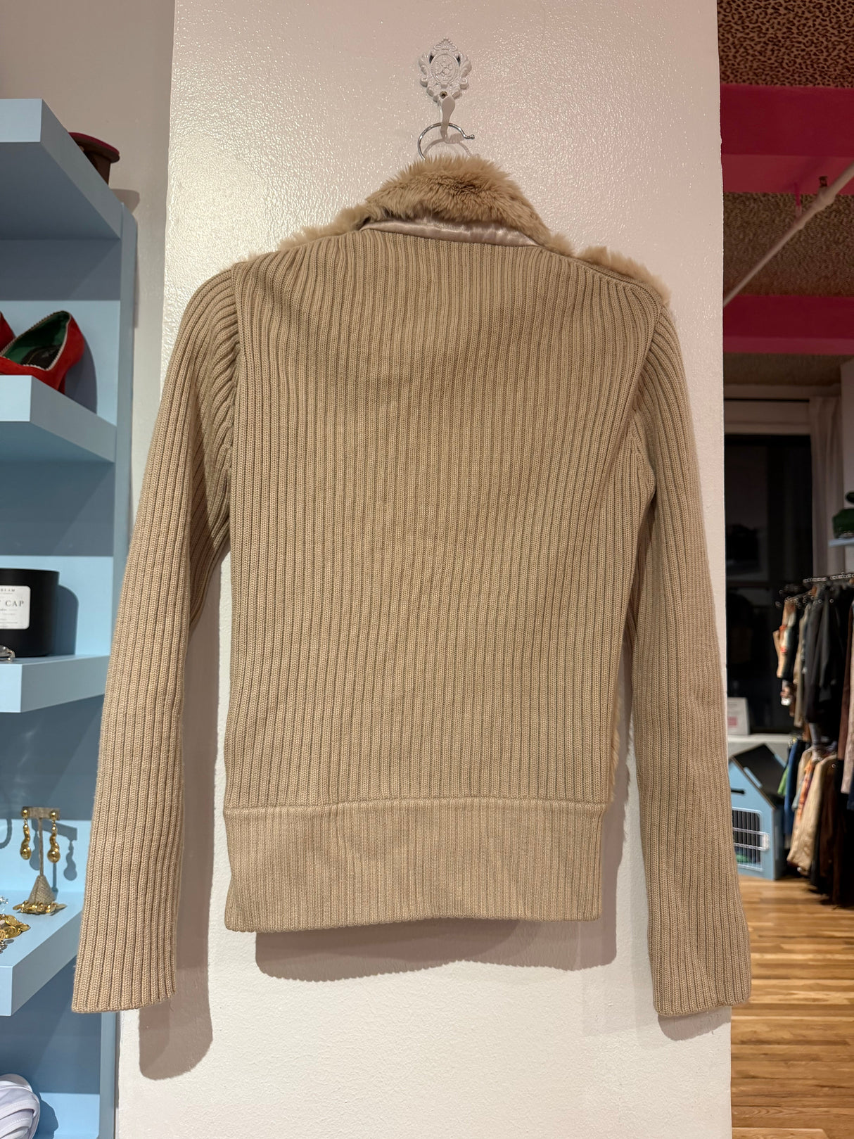 Rabbit fur and wool zip up sweater jacket in tan - size s-l