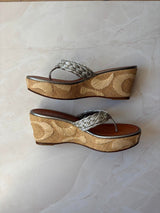 Coach US 7 Silver Monogram Canvas Raffia Platform Thong Wedge Sandal
