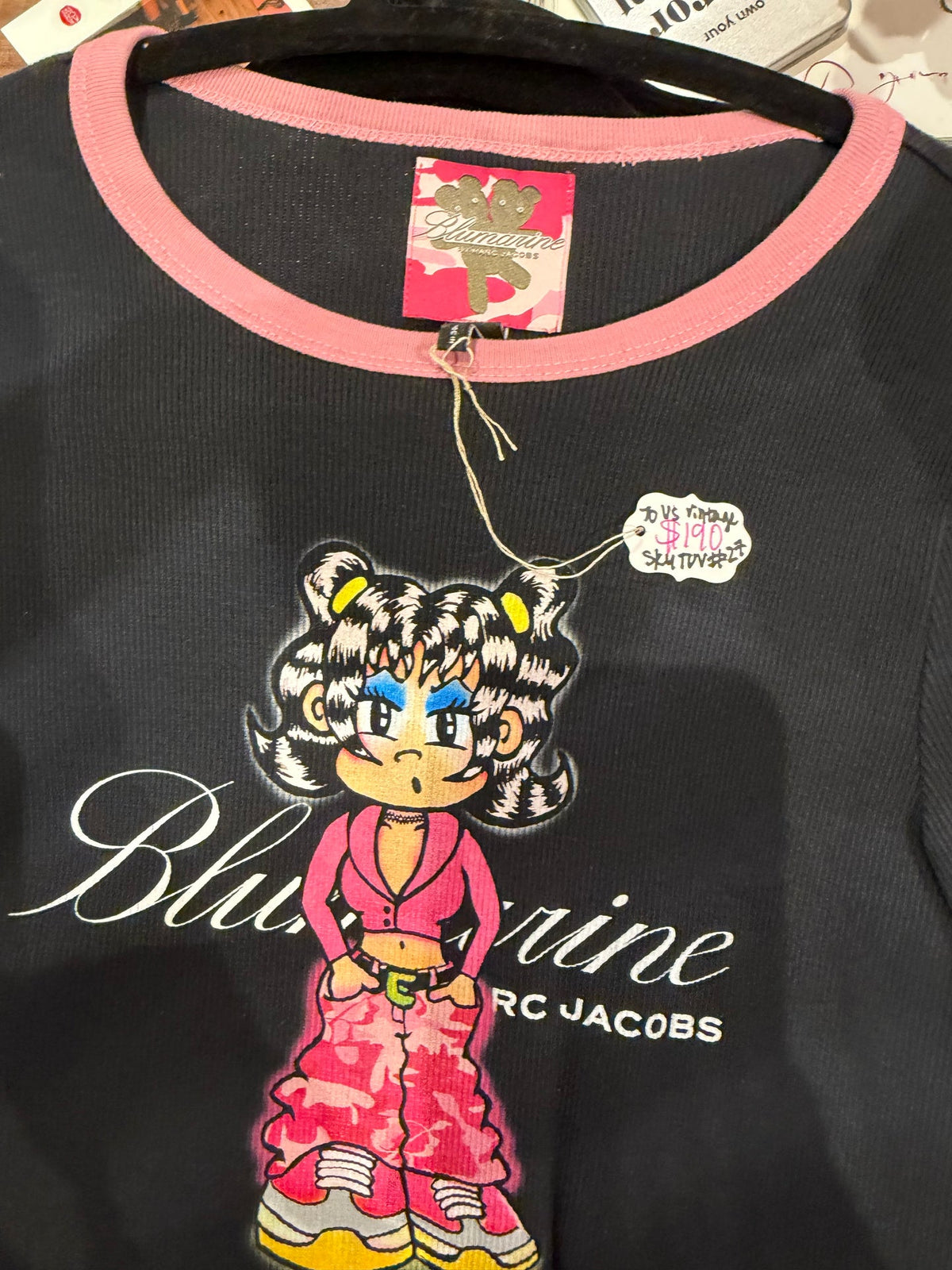 Marc Jacobs x Blumarine Heaven collab character black shirt with pink trim sku tuv #27