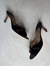 Manolo Blahnik EU 42 Navy Suede Crossover Open Toe Kitten Heel Mule