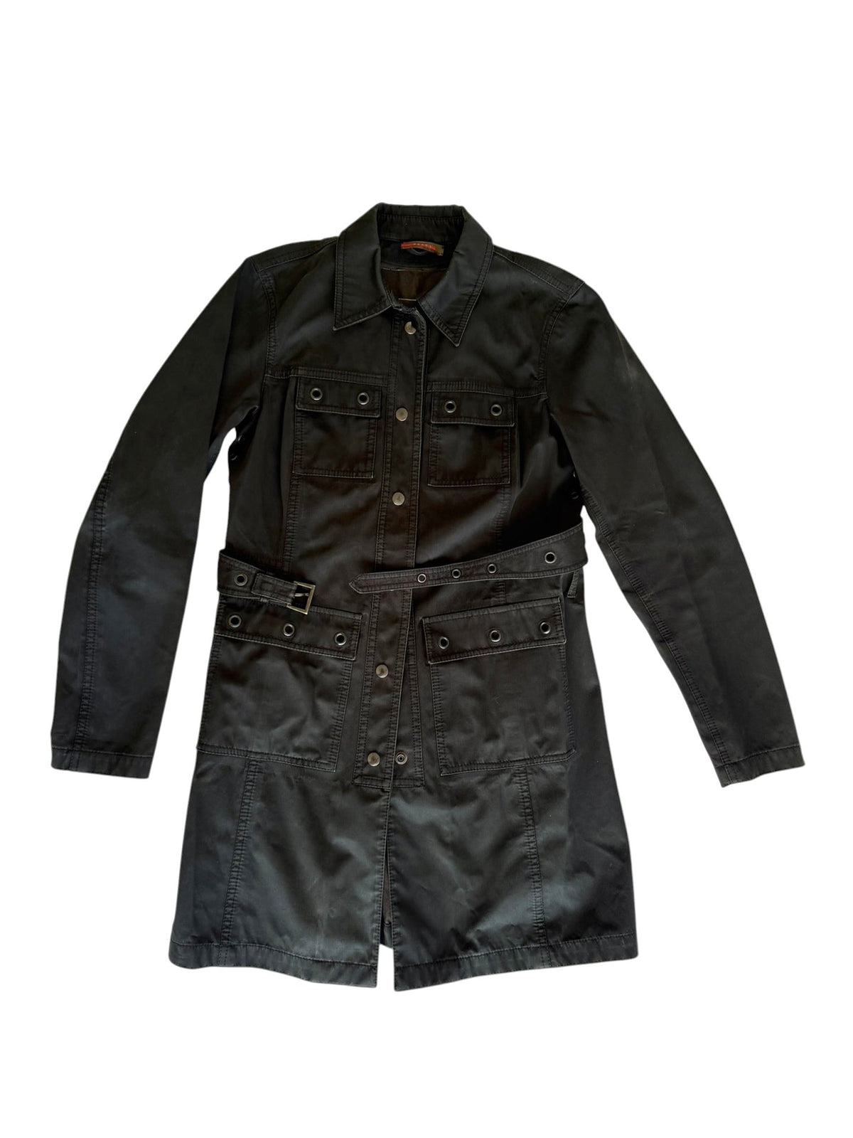 Prada 2004 black trench coat with silver belted eyelets (sz 42)