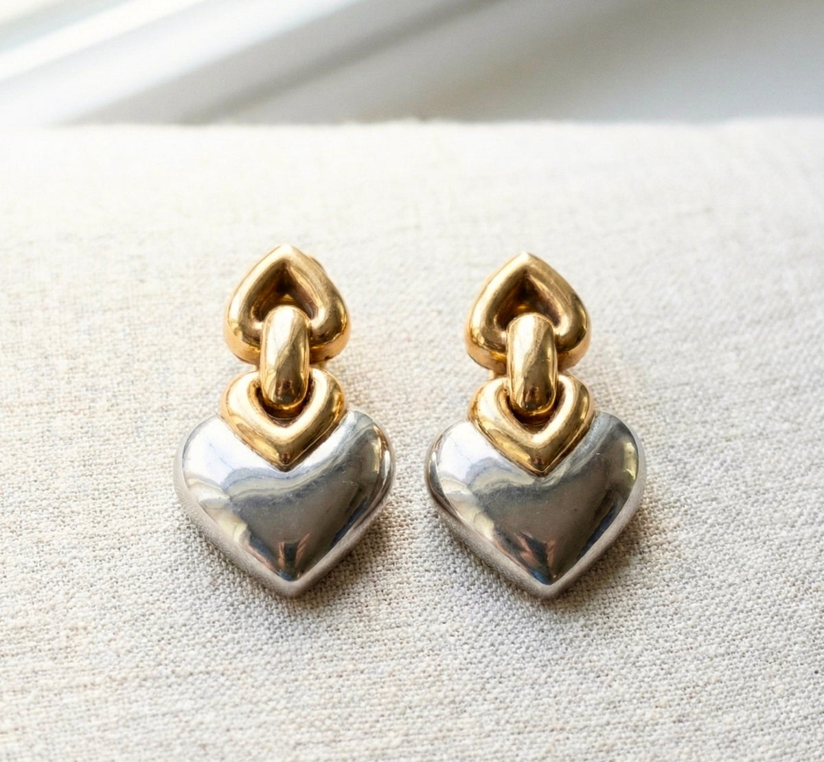 Signed Bulgari 18K Gold and Steel Doppio Cuore Door Knocker Earrings