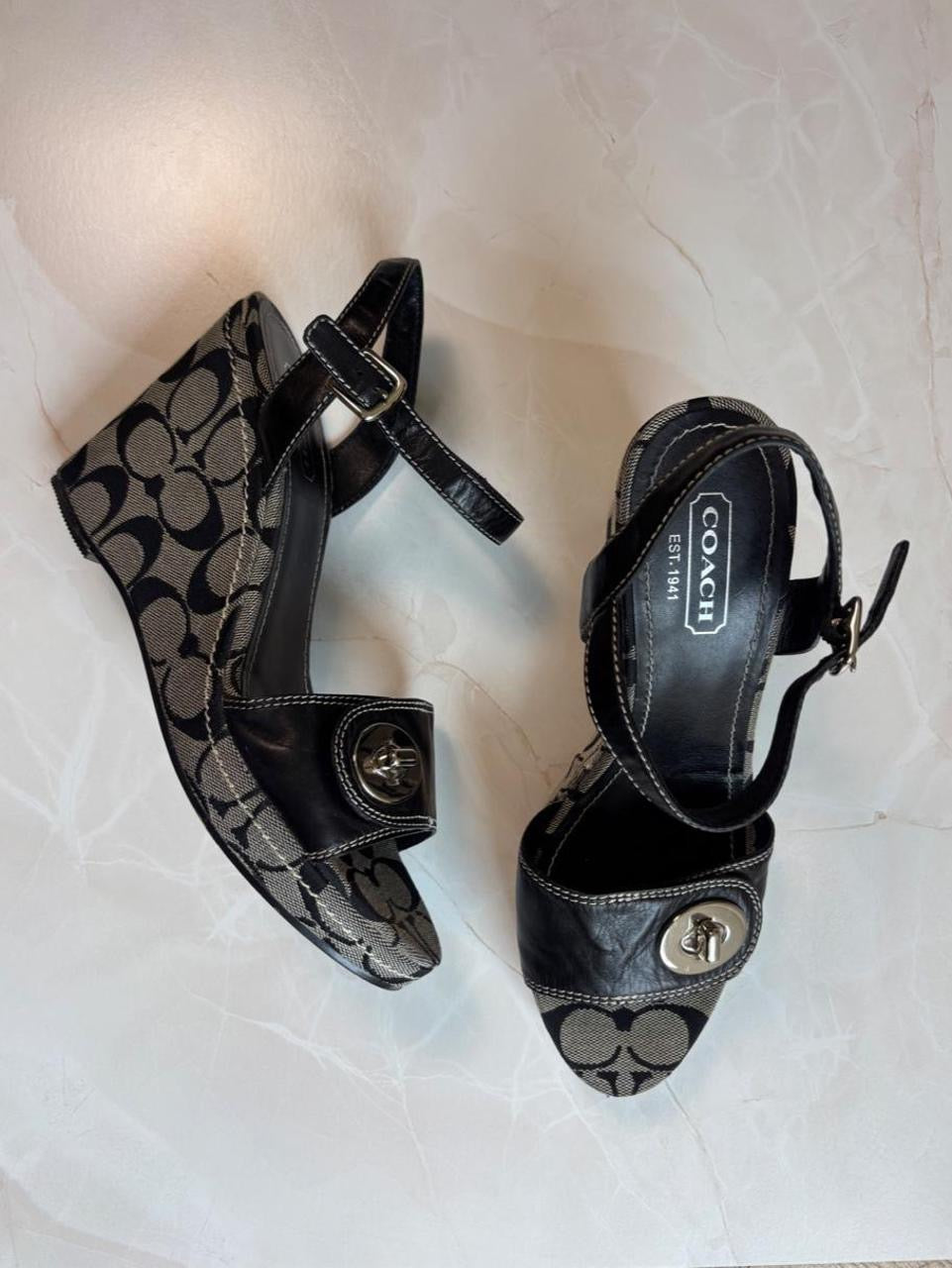 Coach US 9.5 Signature Canvas Wedge Sandal with Ankle Strap
