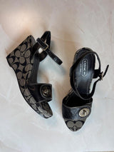Coach US 9.5 Signature Canvas Wedge Sandal with Ankle Strap