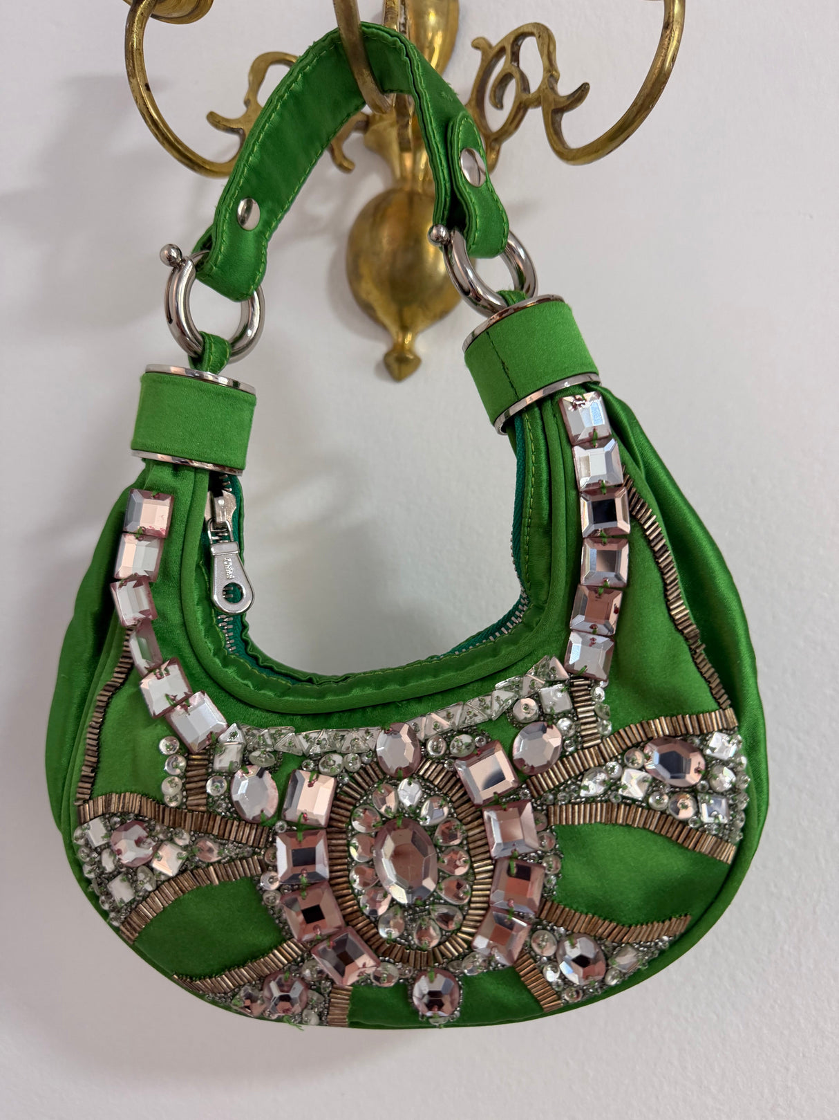 Rare Archival Chloé “Bracelet Bag” in Green Satin with hand stitched crystal beaded details