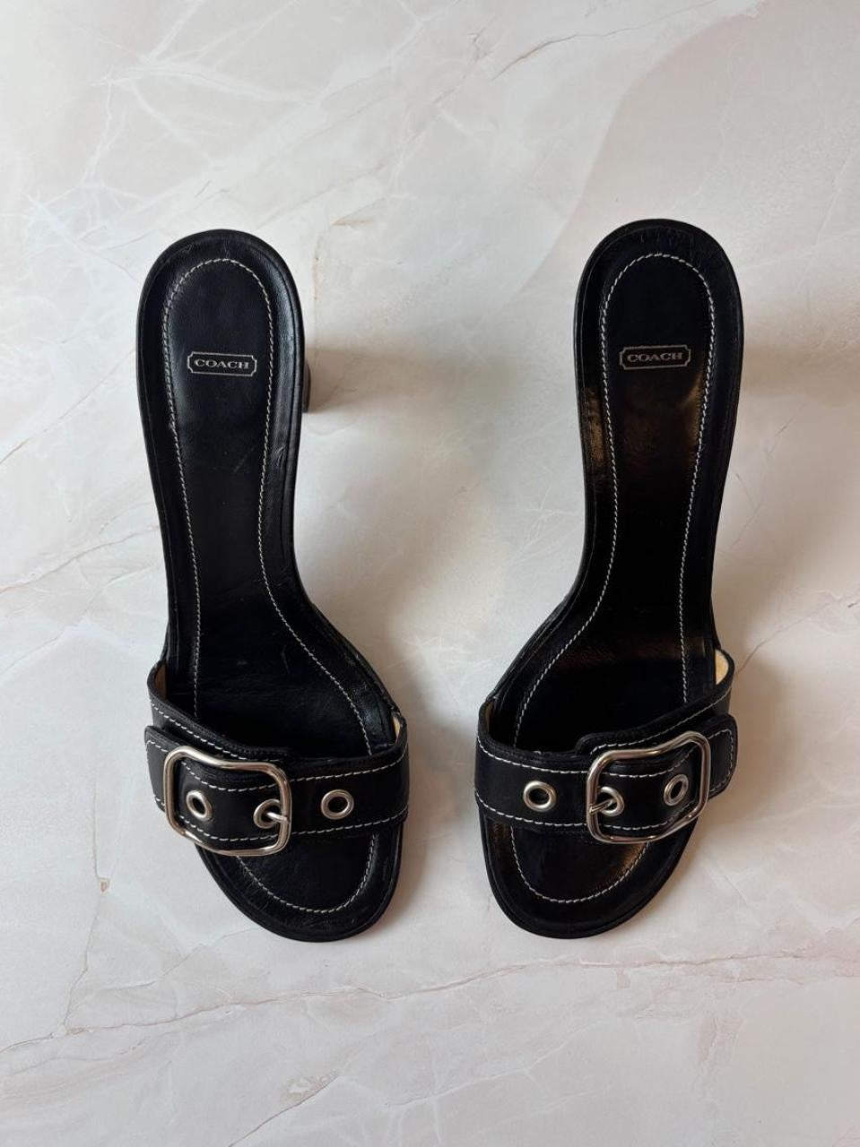 Coach US 8 Black Leather Open Toe Block Heel Mule