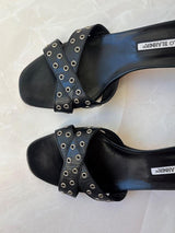 Manolo Blahnik EU 39.5 Black Leather Grommet Crossover Kitten Heel Mule