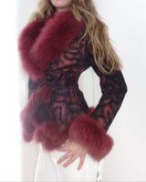 Burgundy Suede Fox Fur Trim Wrap Coat