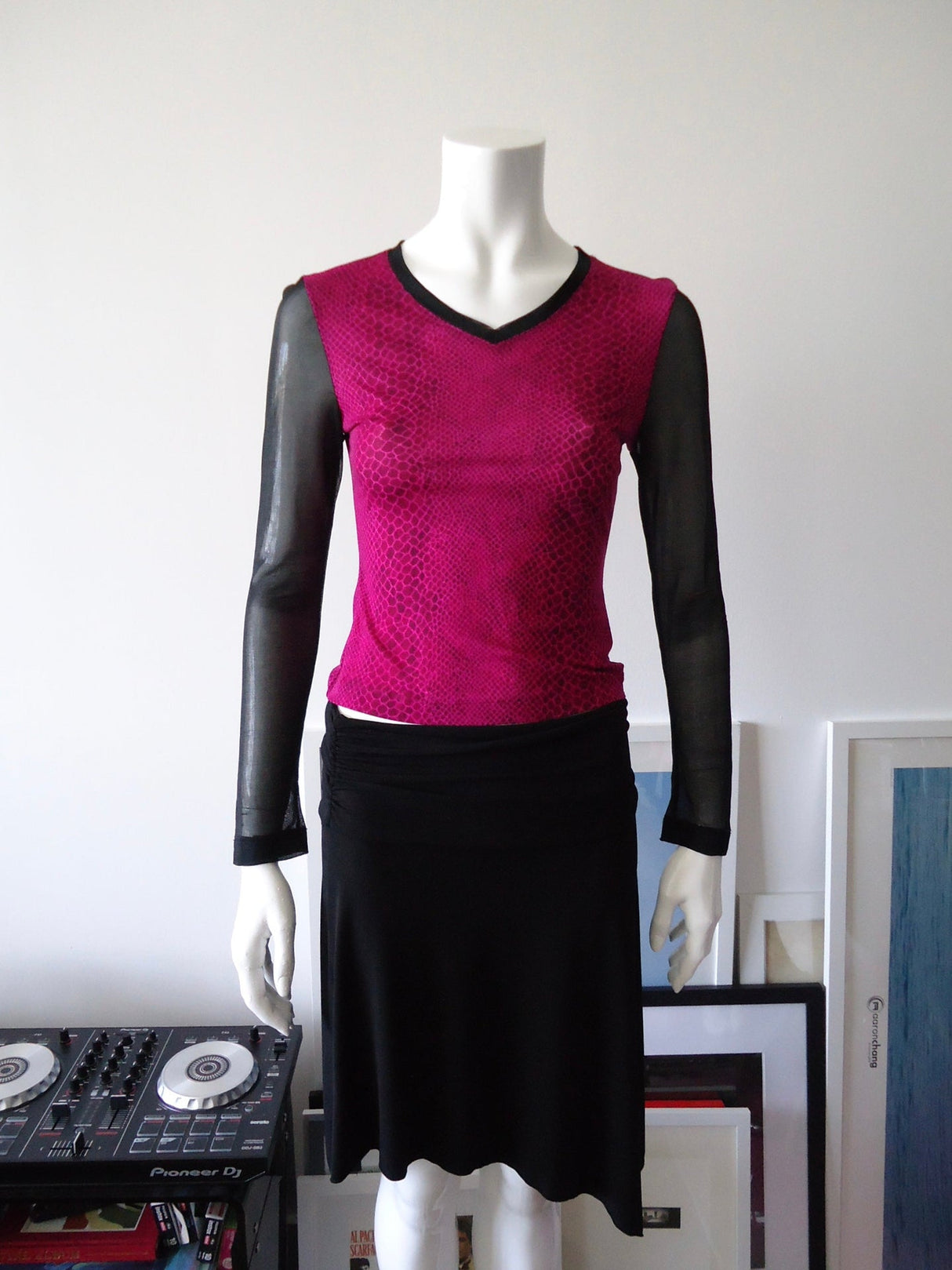GUESS Pink Snakeskin and Black Mesh Sleeve Top
