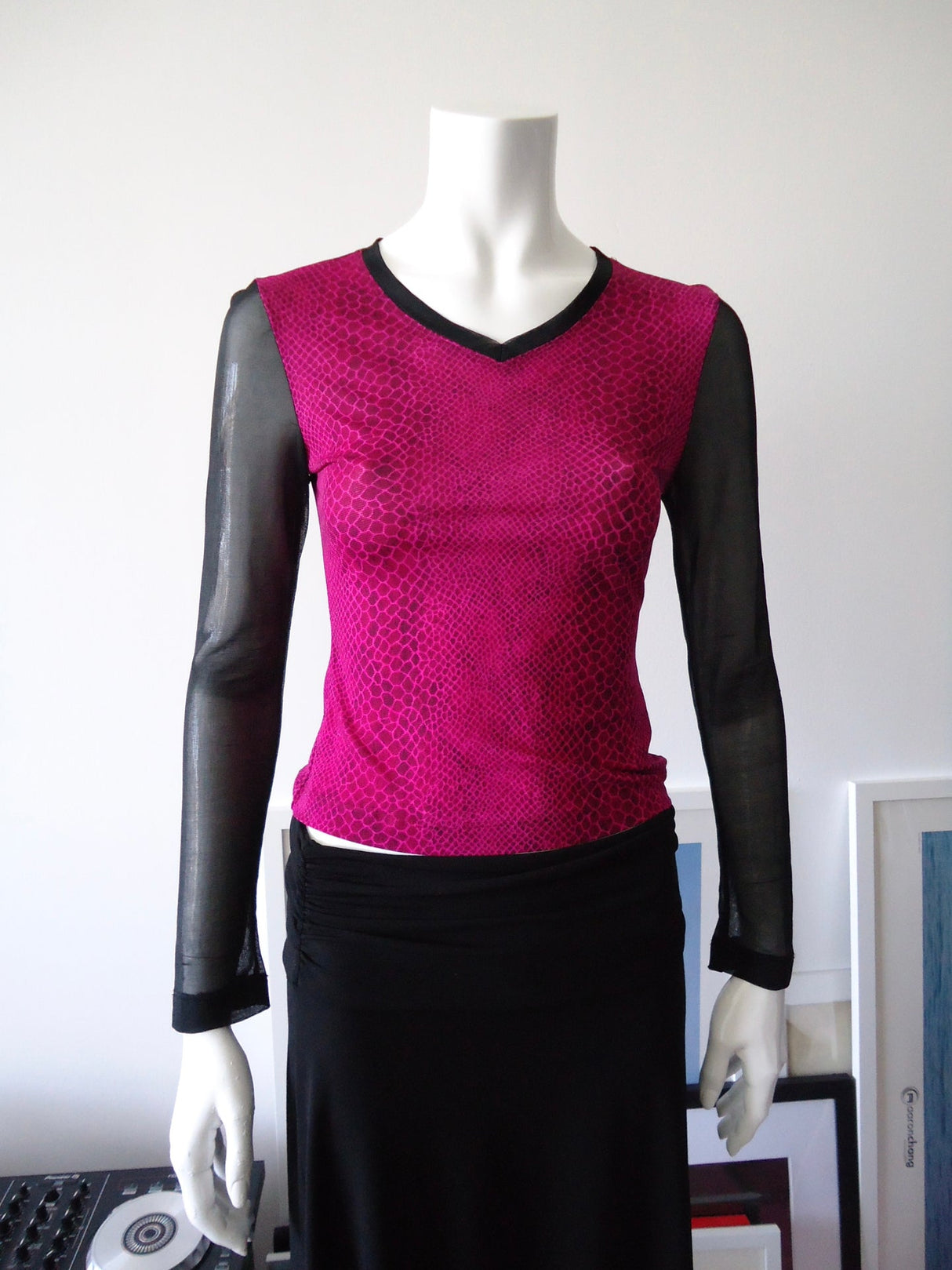 GUESS Pink Snakeskin and Black Mesh Sleeve Top