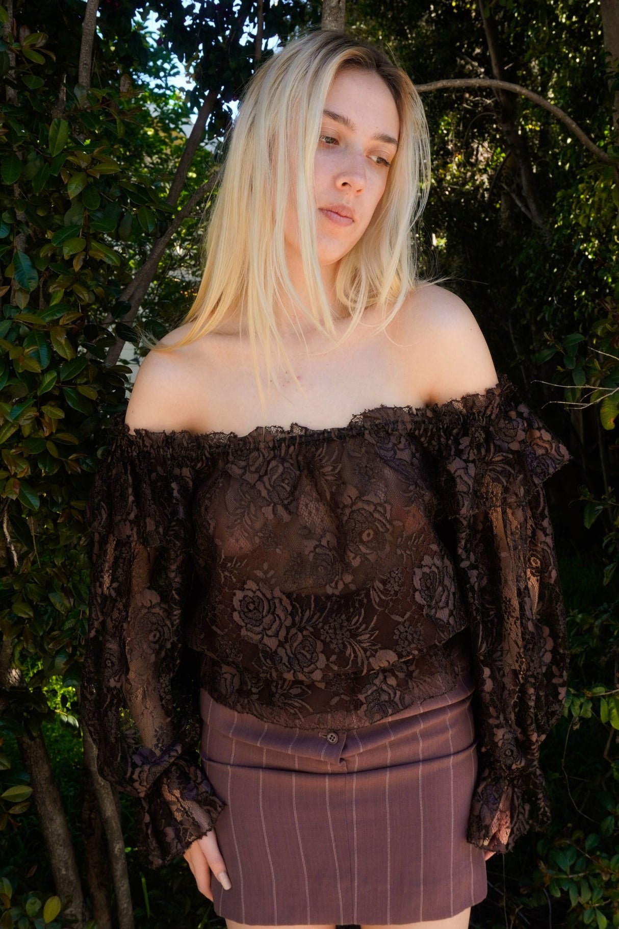 1980's Vicky Tiel Couture Brown Lace Blouse