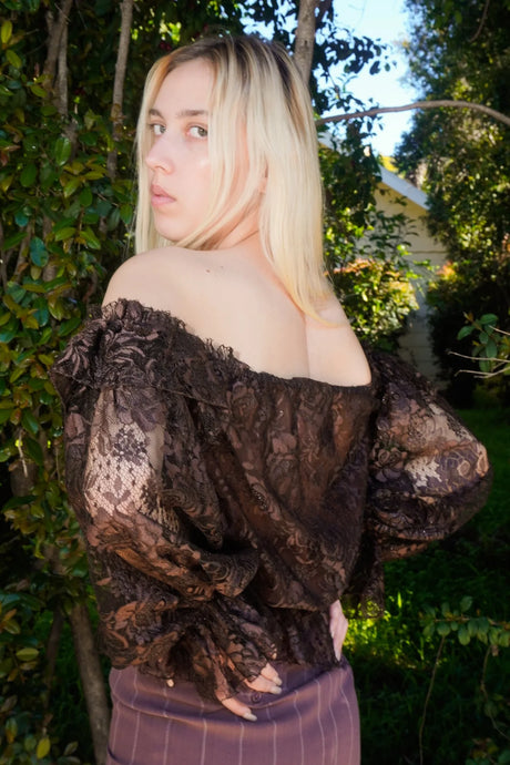 1980's Vicky Tiel Couture Brown Lace Blouse