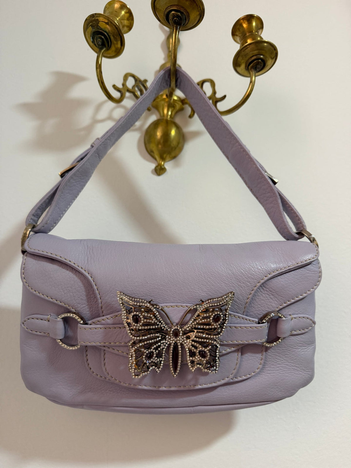 Authentic Vintage Valentino Garavani Spring/Summer 2004 Rhinestone Butterfly Lambskin Leather Shoulder Bag – Pastel Lilac