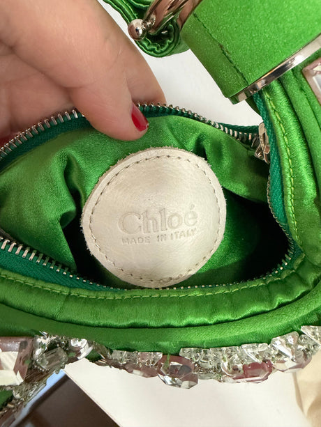 Rare Archival Chloé “Bracelet Bag” in Green Satin with hand stitched crystal beaded details