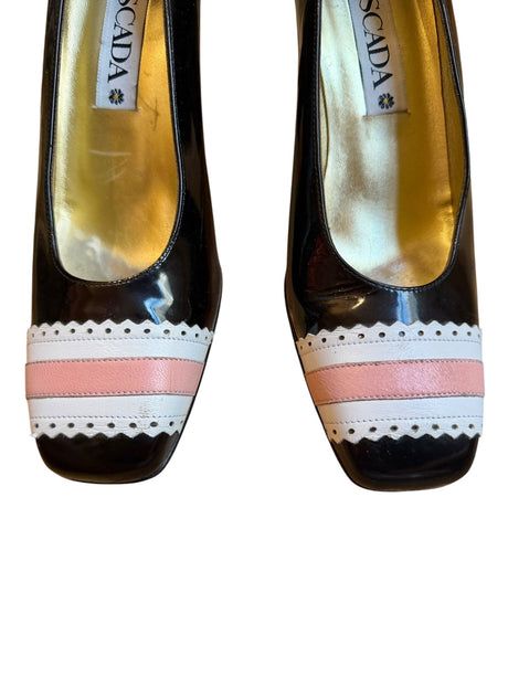 Escada black patent leather heels with white and pink trim detail (8B)