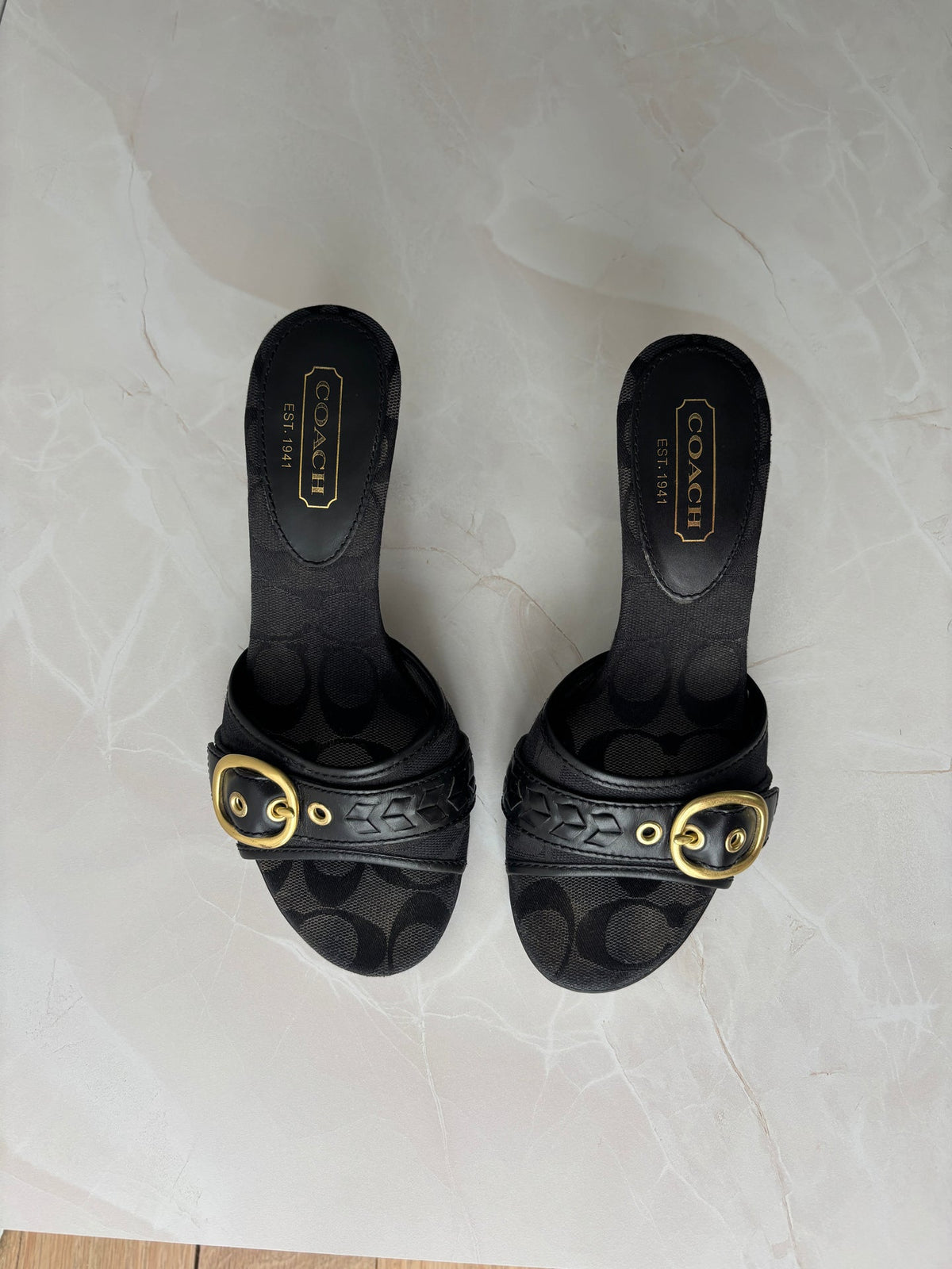 Coach US 6 Black Monogram Canvas Open-toe Block Heel Mule