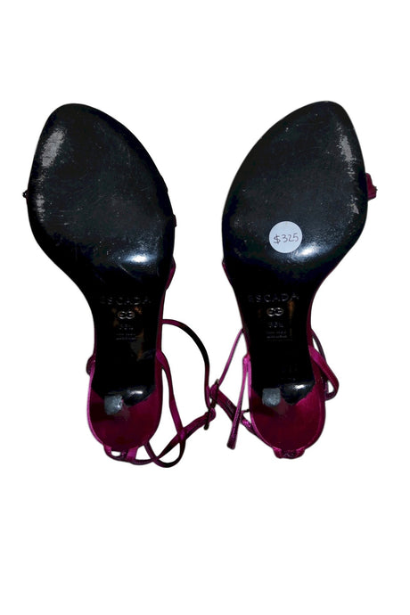 Escada fuchsia satin heels with crystal floral design (36.5)