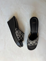 Coach US 10 Black Grey Monogram Canvas Wedge Slide Sandal