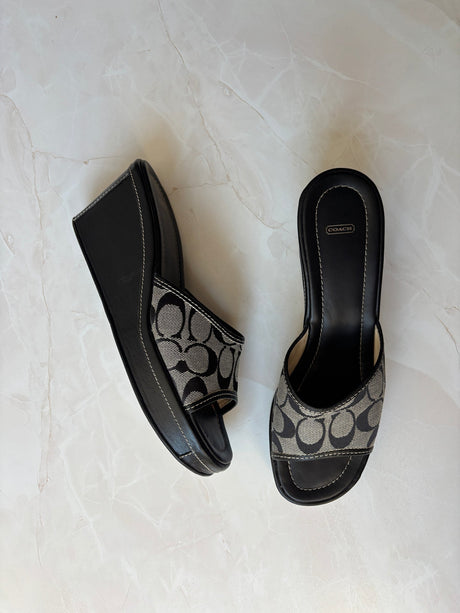 Coach US 10 Black Grey Monogram Canvas Wedge Slide Sandal