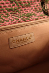 Rare Chanel flap bag quilted in pink and green tweed, reissue chain