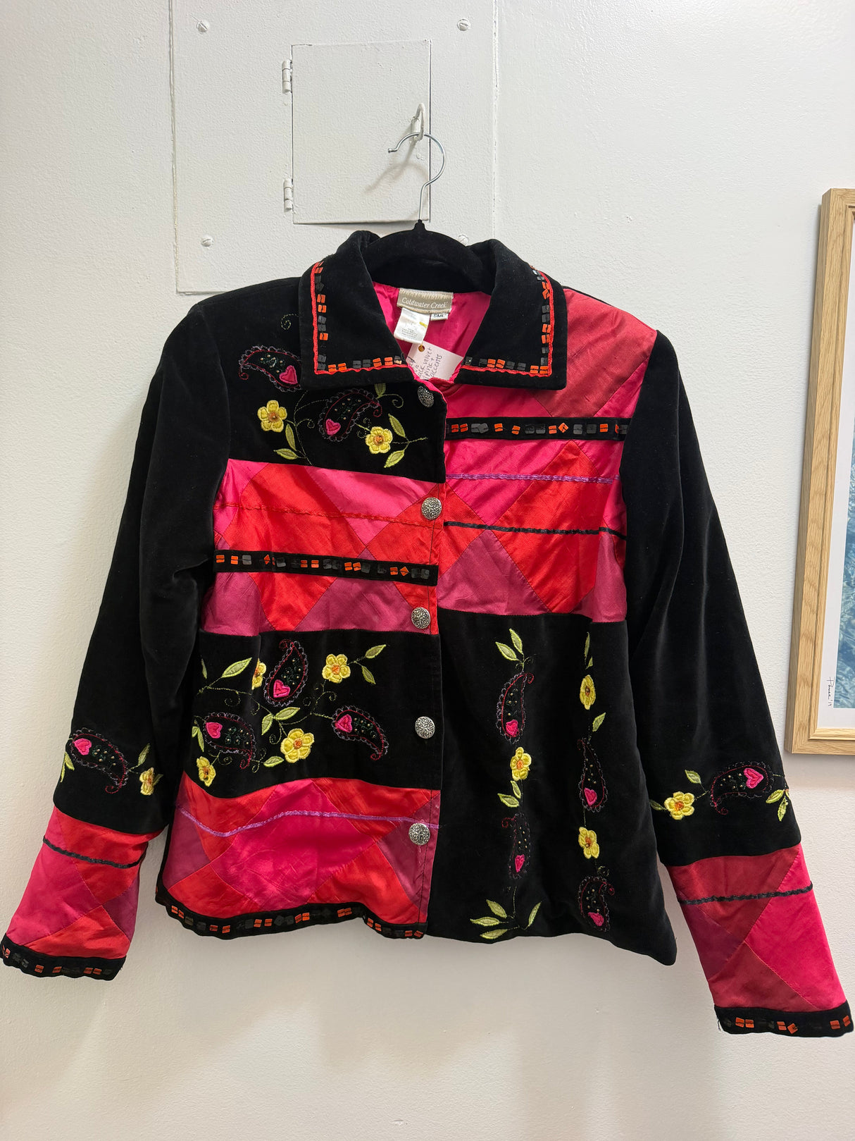 Coldwater Creek 100% cotton black velvet jacket with pink and red accents