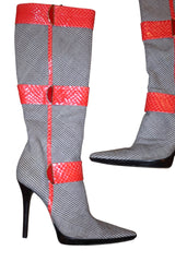 Casadei gray plaid boots with red snakeskin details (7)