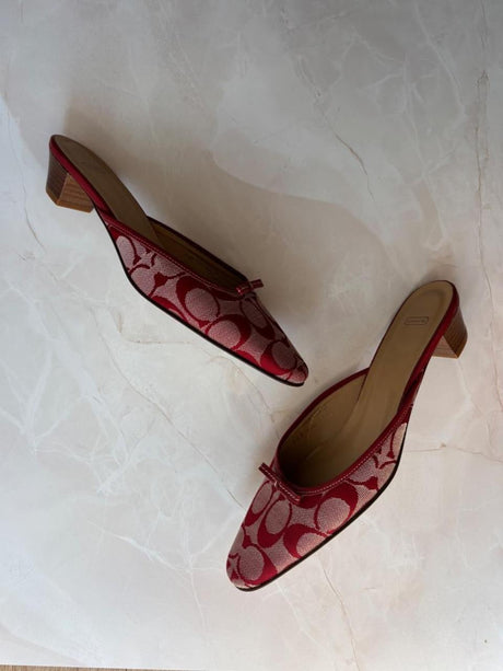 Coach US 8.5 Red and Cream Monogram Canvas Kitten Heel