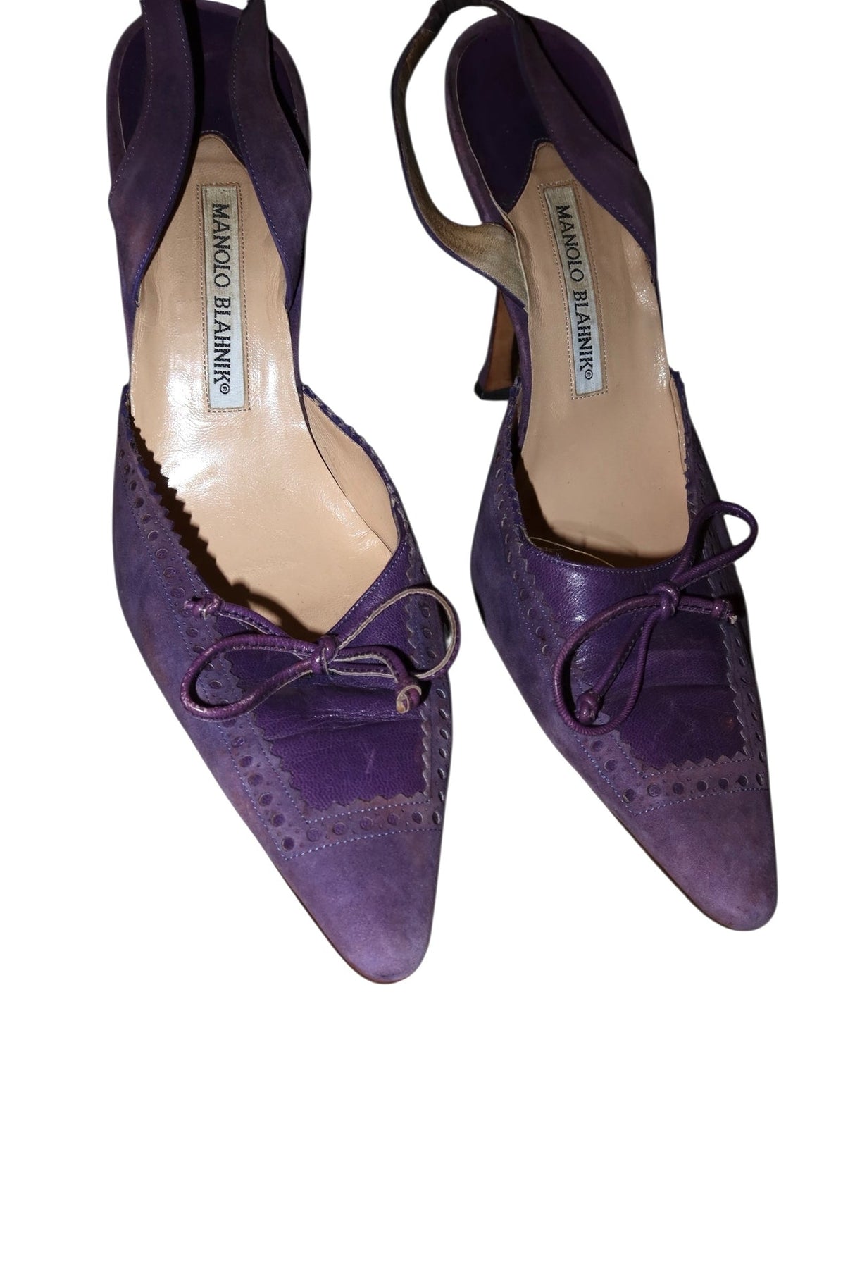 Manolo Blahnik purple suede and leather bow slingback heels (40)