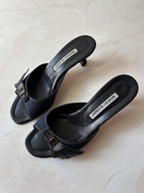 Manolo Blahnik EU 38.5 Denim Fringe Buckle Peep Toe Kitten Heel Mule