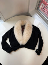 Vintage fox fur black sweater bolero with pearl details on sleeves