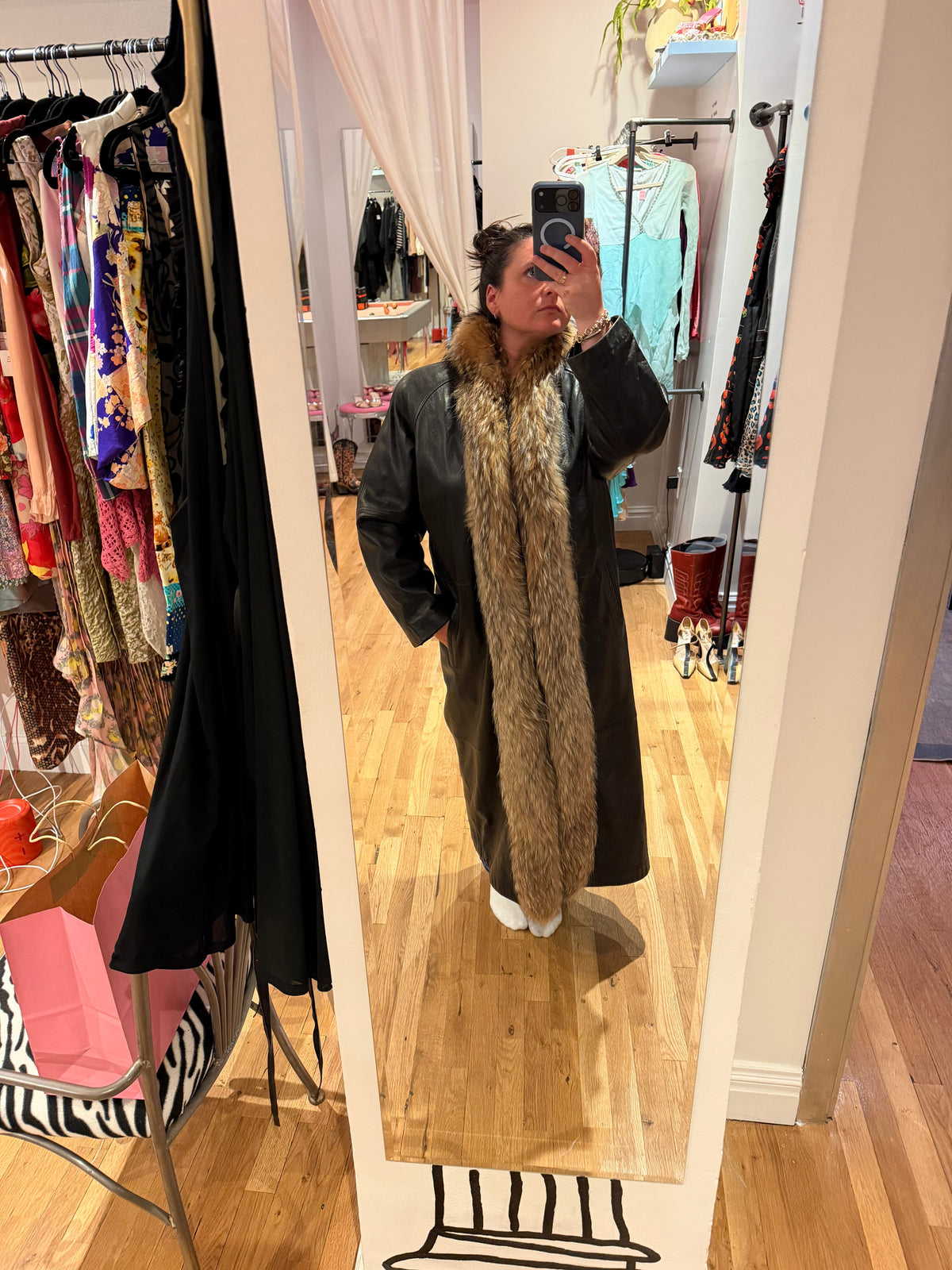100% leather duster with fox fur trim