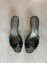 Manolo Blahnik EU 37.5 Black Leather Crossover Strap Open Toe Kitten Heel Mule