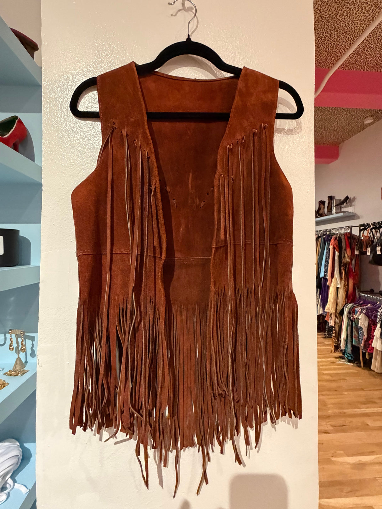 Vintage brown leather vest with fringe TUV #123425