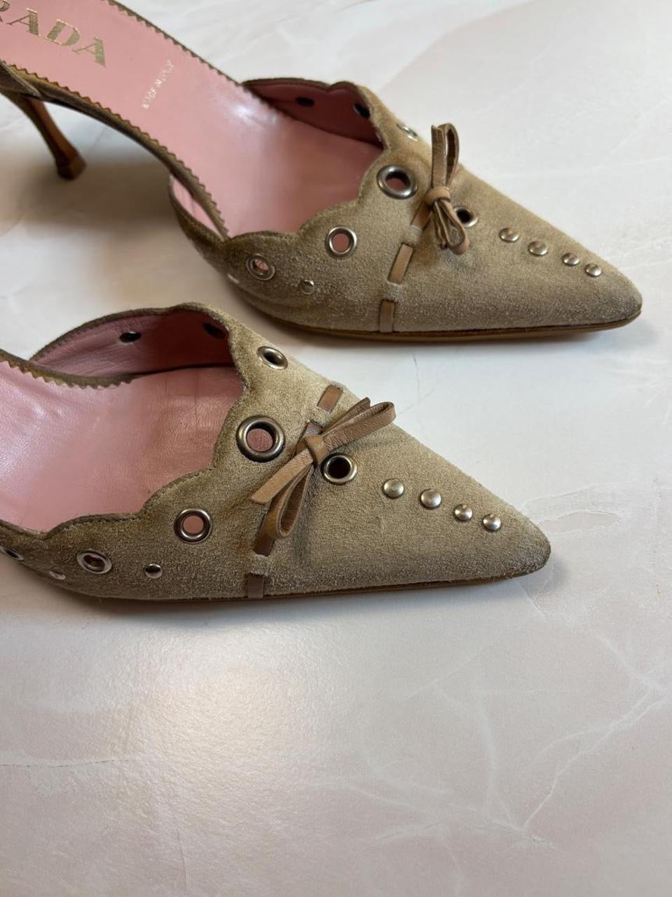 Prada EU 37.5 Authentic Light Brown Suede Pointed Toe Kitten Heel Mule